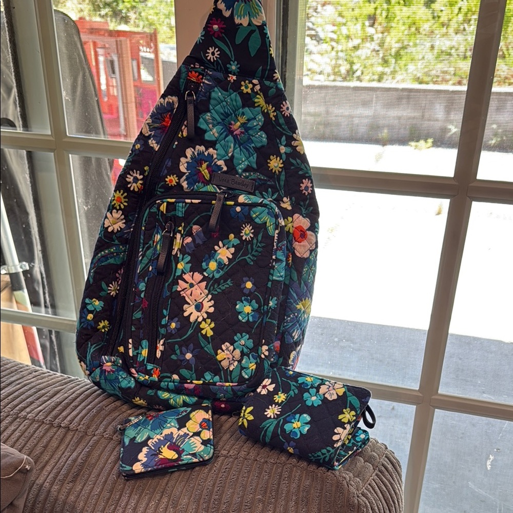 Vera Bradley Blue and Green Backpack Floral Design with Wallet and Card Pouch